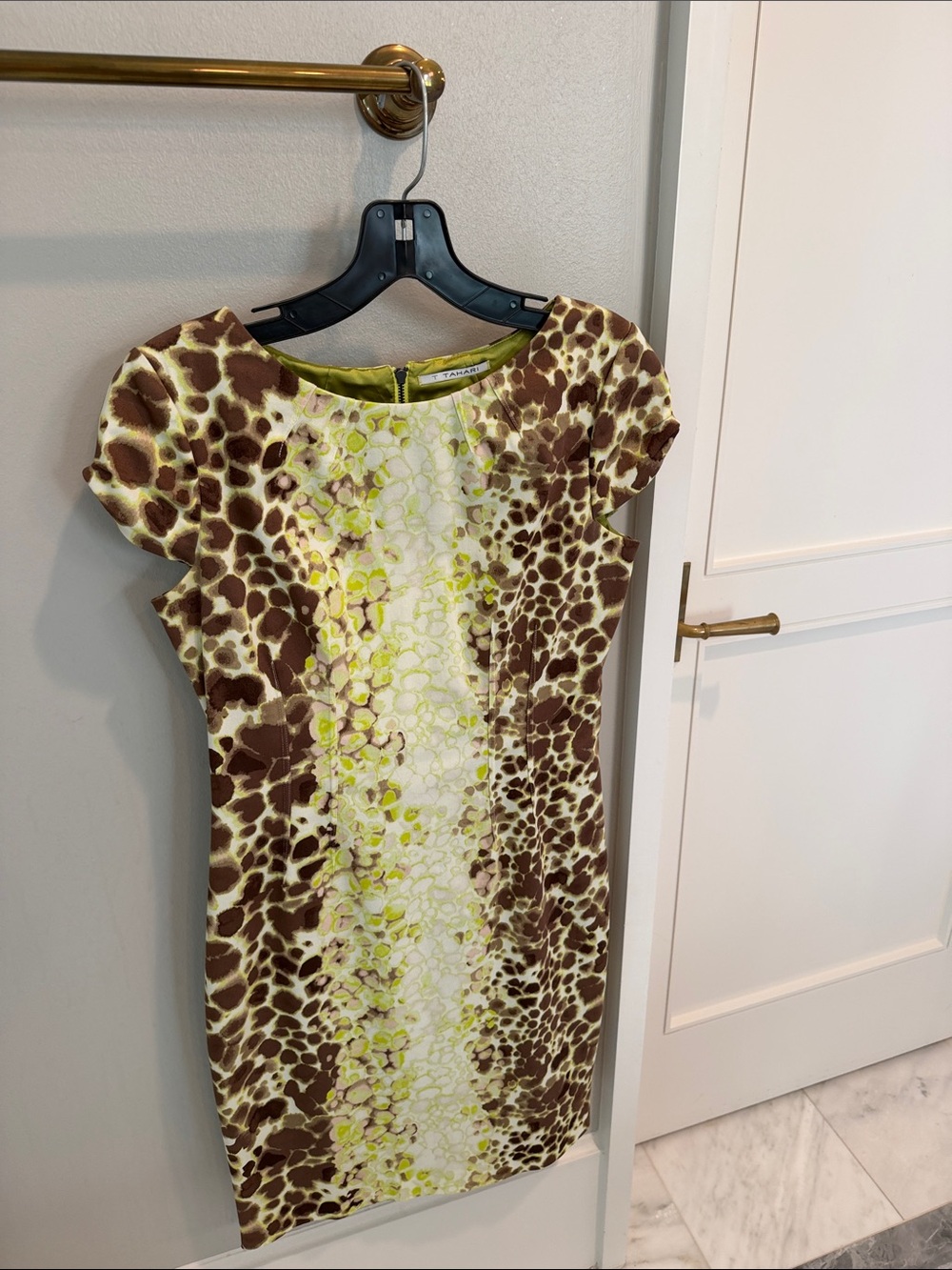 Tahari Brown and Lime Animal-Print Sheath Dress